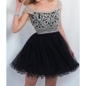 NEW BLUSH PROM beaded tulle cocktail dress in black